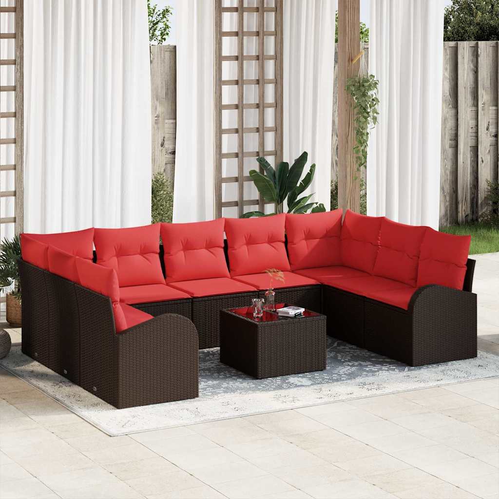 Gartensofa-set 10 stk. Braun und Rot Poly-Rattan