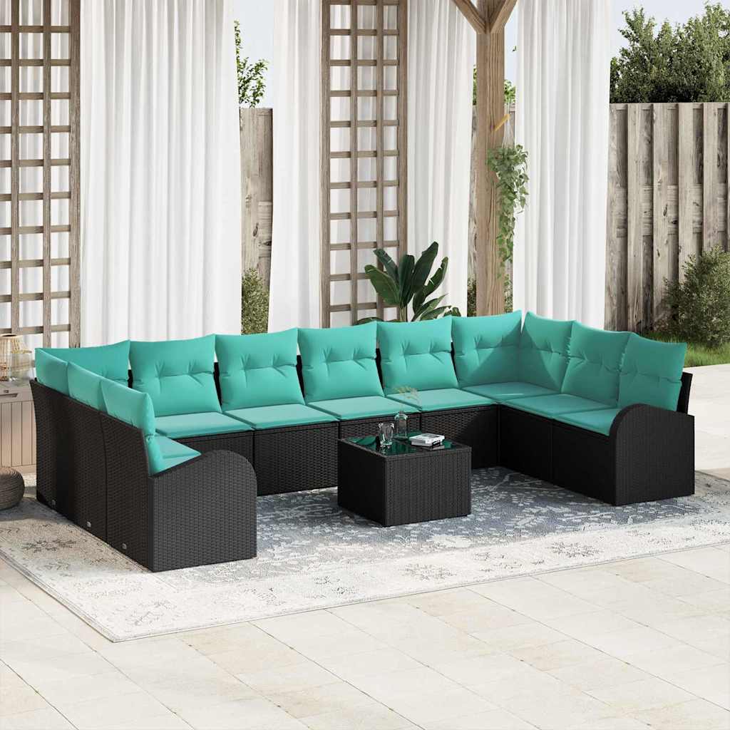 Gartensofa-set 11 stk. Schwarz und Türkis Poly-Rattan