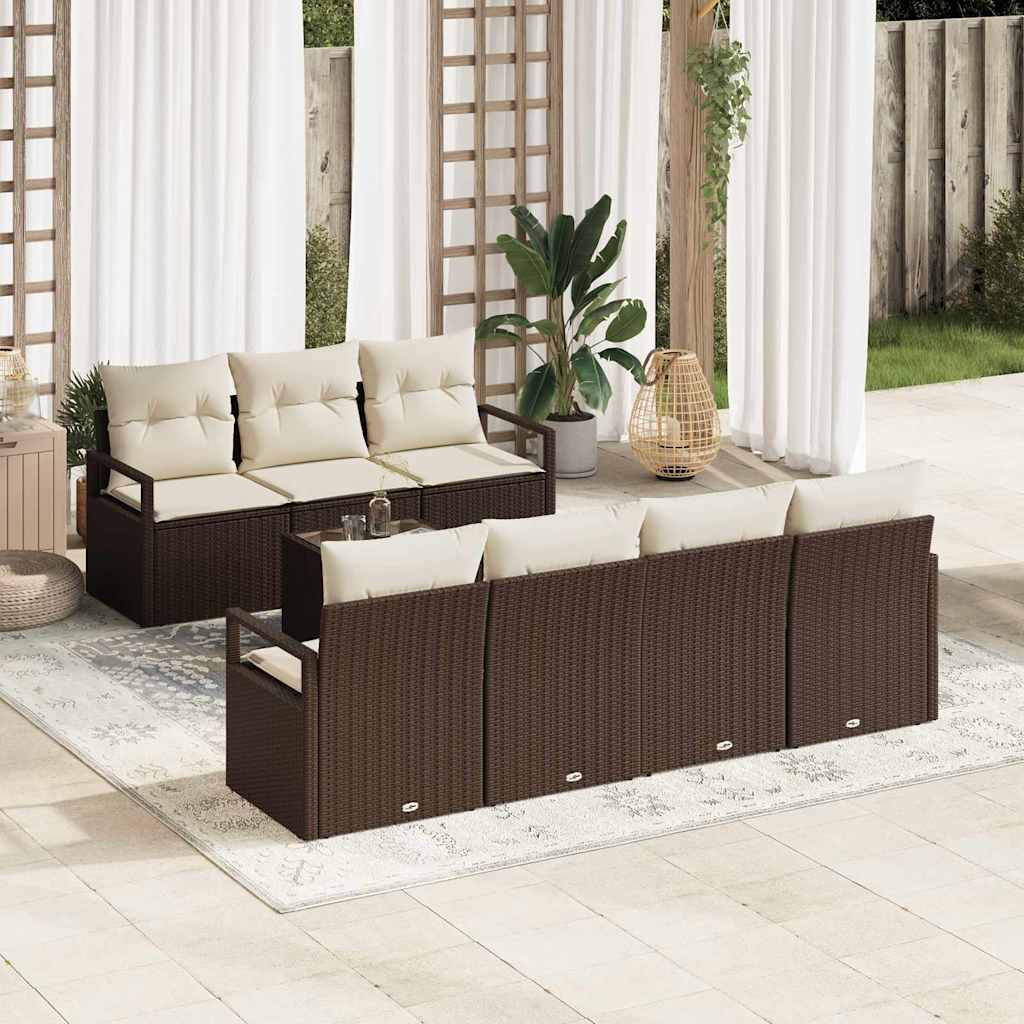 Gartensofa-set 8 Stk. 7-Sitzanzahl Braun und Creme Poly-Rattan