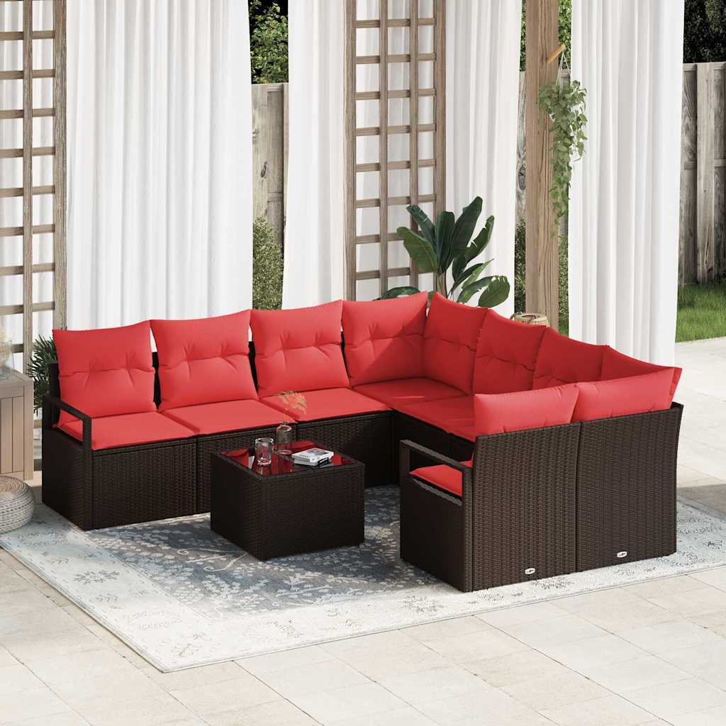 Sofa Set 9 stk. 8-Sitzanzahl Beige und Rot Poly-Rattan