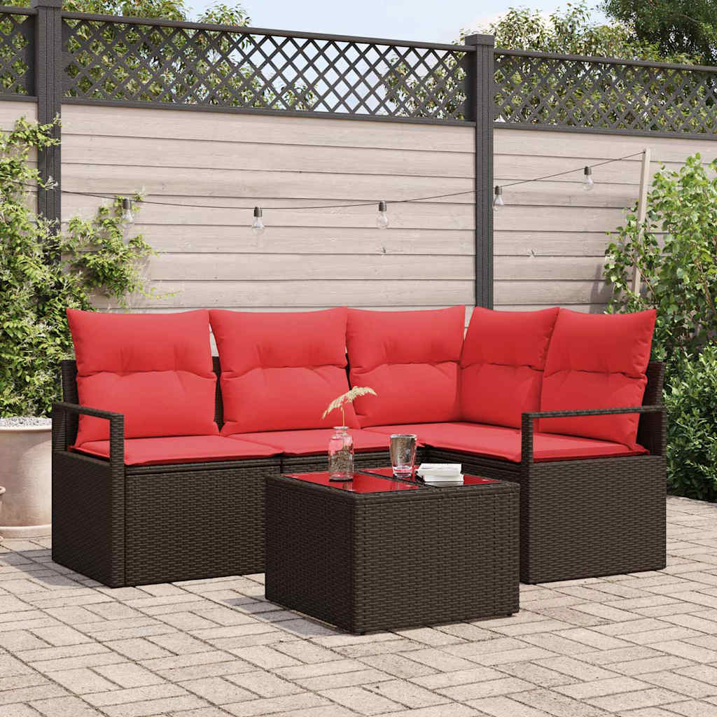Gartensofa-set 5 stk. Braun und Rot Poly-Rattan
