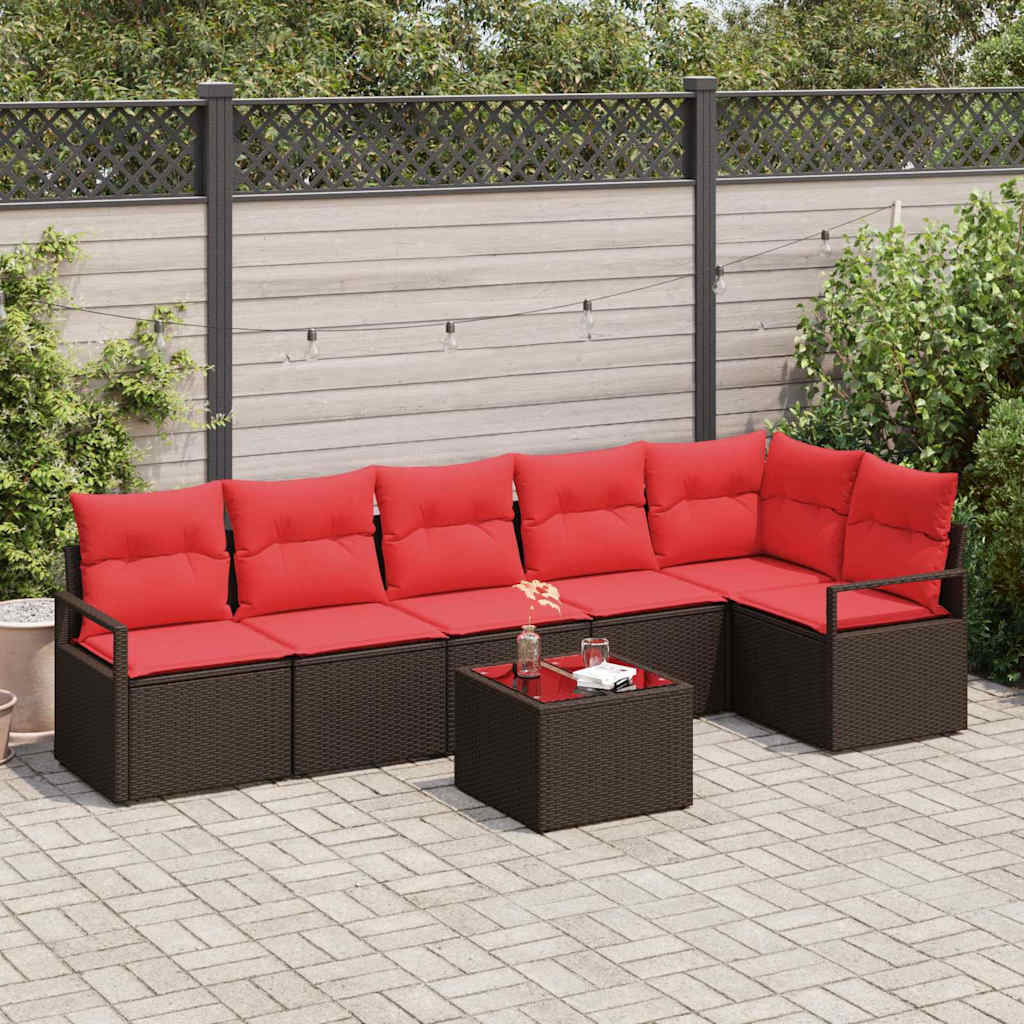 Gartensofa-set 7 stk. Braun und Rot Poly-Rattan