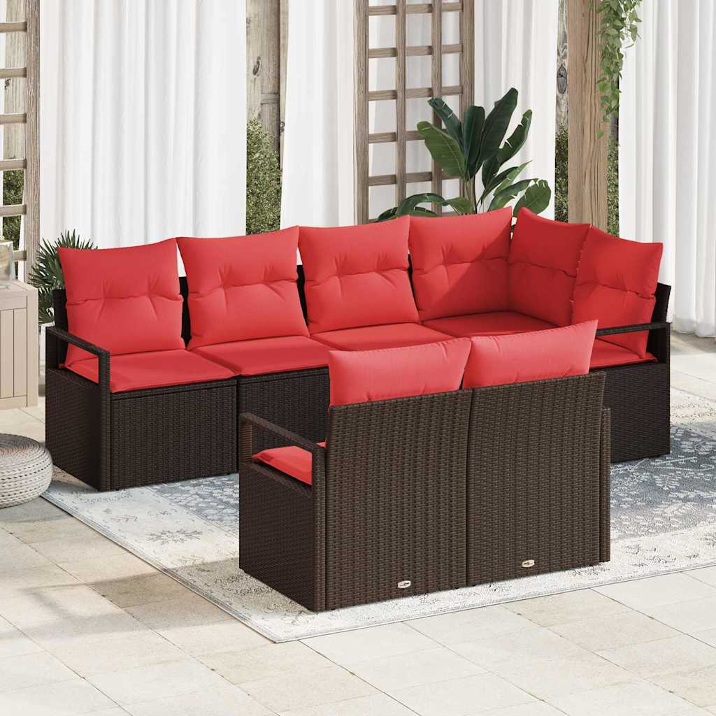 Gartensofa-set 7 stk. Braun und Rot Poly-Rattan
