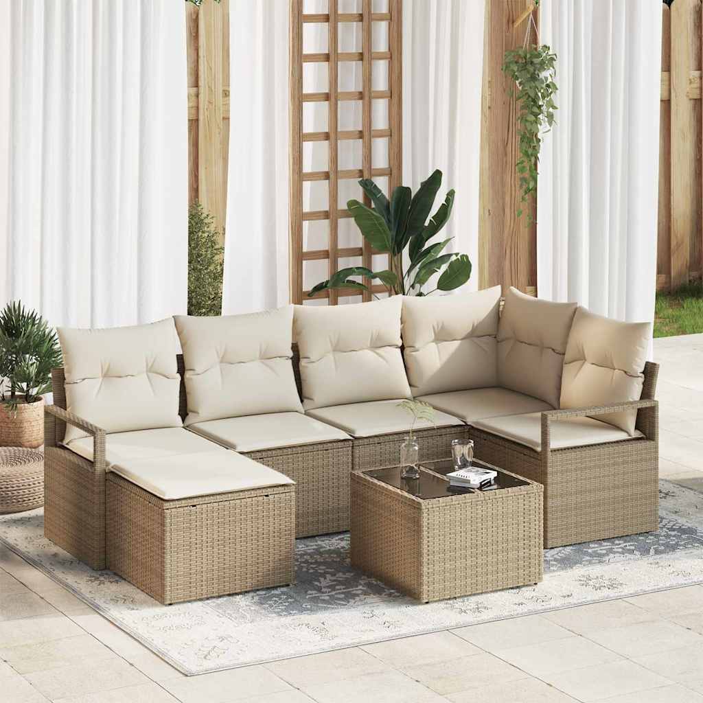 Sofa Set 7 stk. Beige und Creme Poly-Rattan