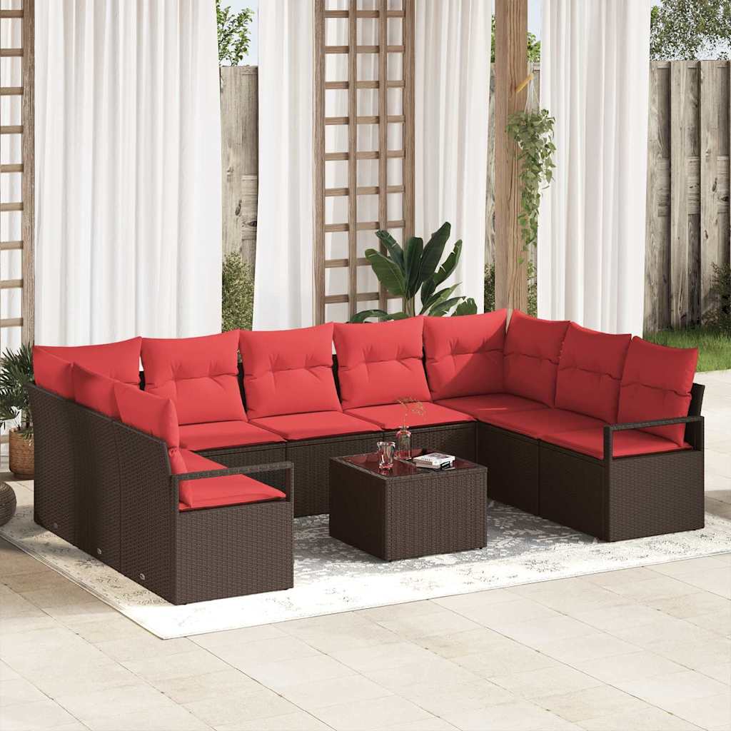 Gartensofa-set 10 stk. Braun und Rot Poly-Rattan
