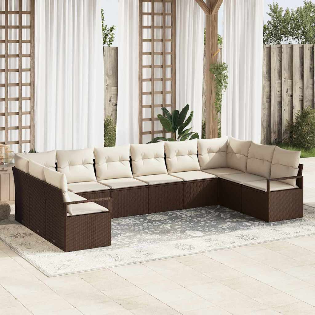 Gartensofa-set 10 stk. Braun und Weiß Poly-Rattan