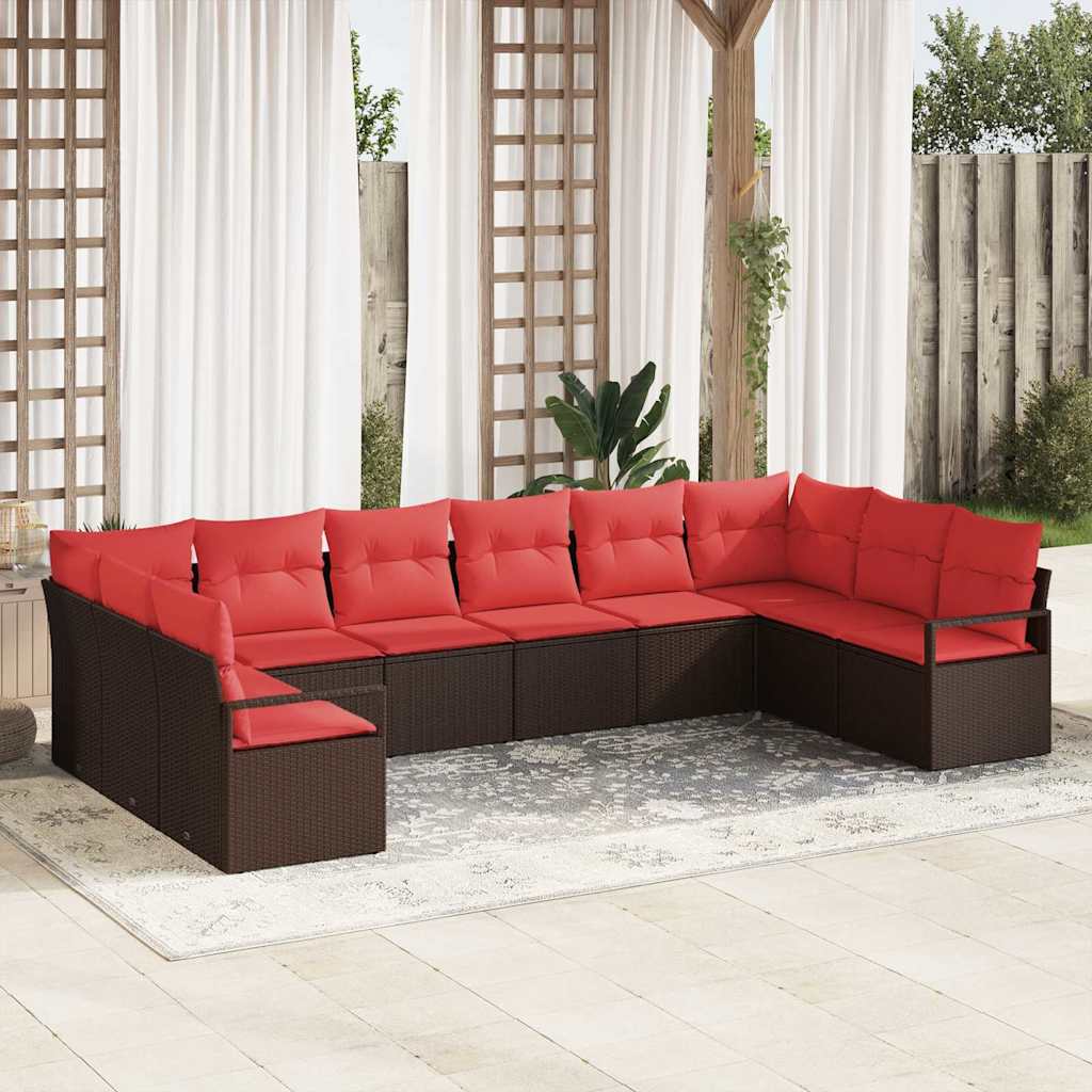 Gartensofa-set 10 stk. Braun und Rot Poly-Rattan