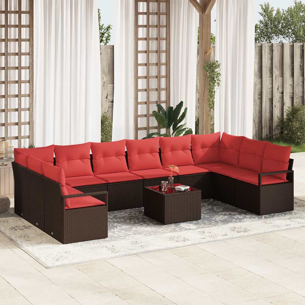 Gartensofa-set 11 stk. Braun und Rot Poly-Rattan