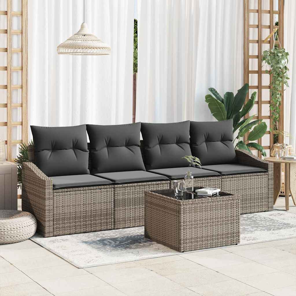 Sofa Set 5 stk. Grau Poly-Rattan