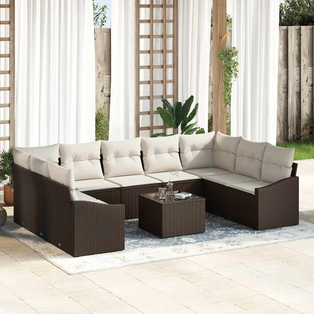 Gartensofa-set 9 stk. Braun und Creme Poly-Rattan