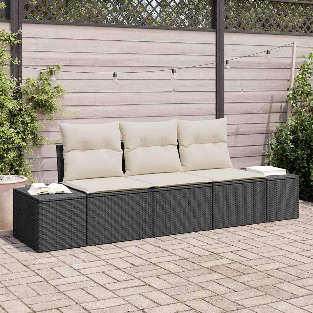 Gartensofa-set 3 stk. Schwarz und Creme Poly-Rattan