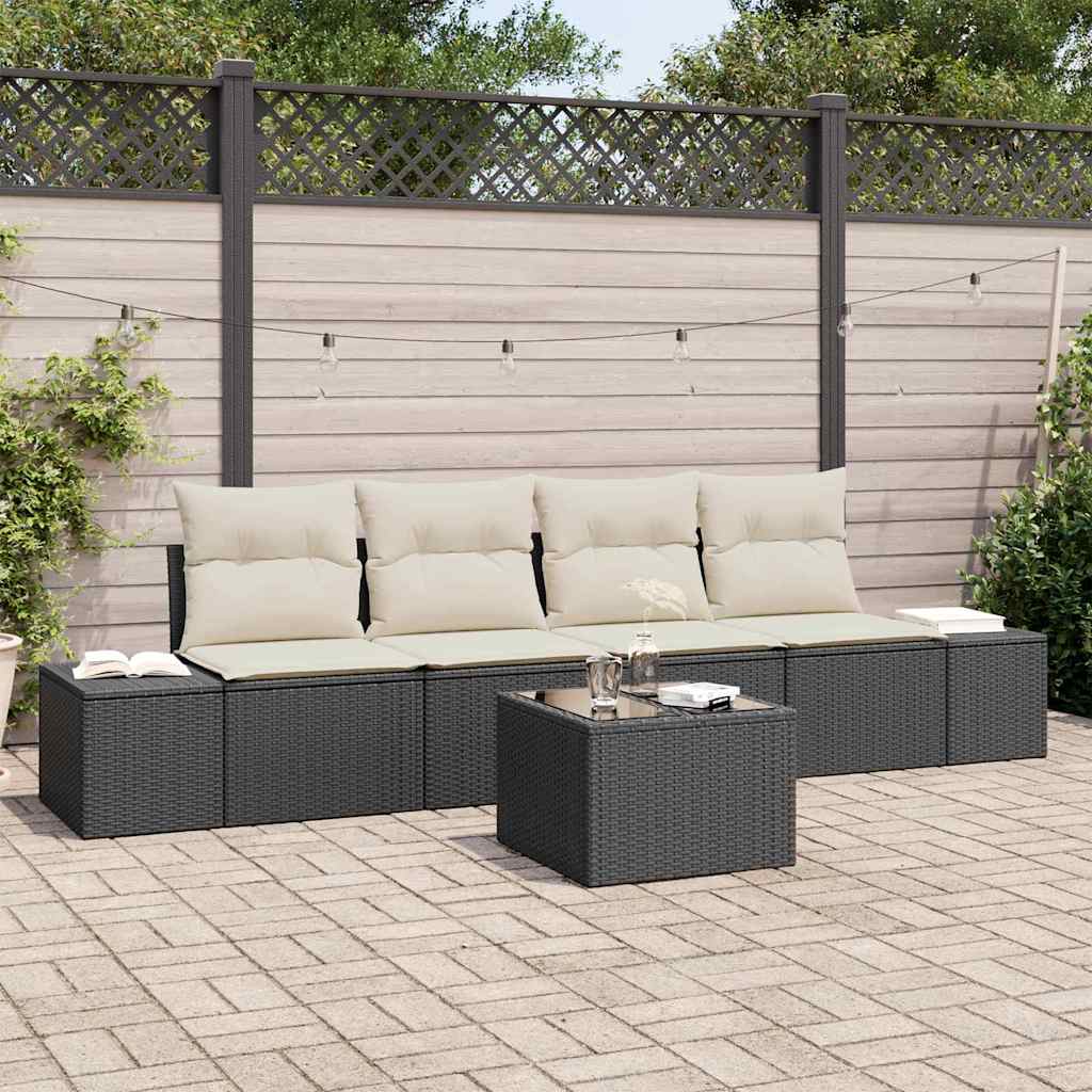 Garten-Sofa-Set 5 stk. Schwarz und Creme Poly-Rattan