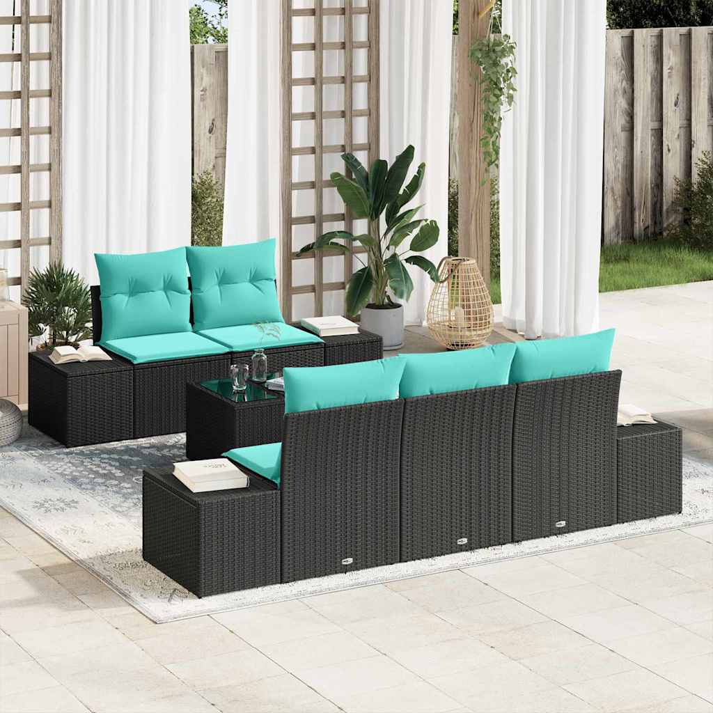 Garten-Sofa-Set 6 stk. Schwarz und Türkis Poly-Rattan