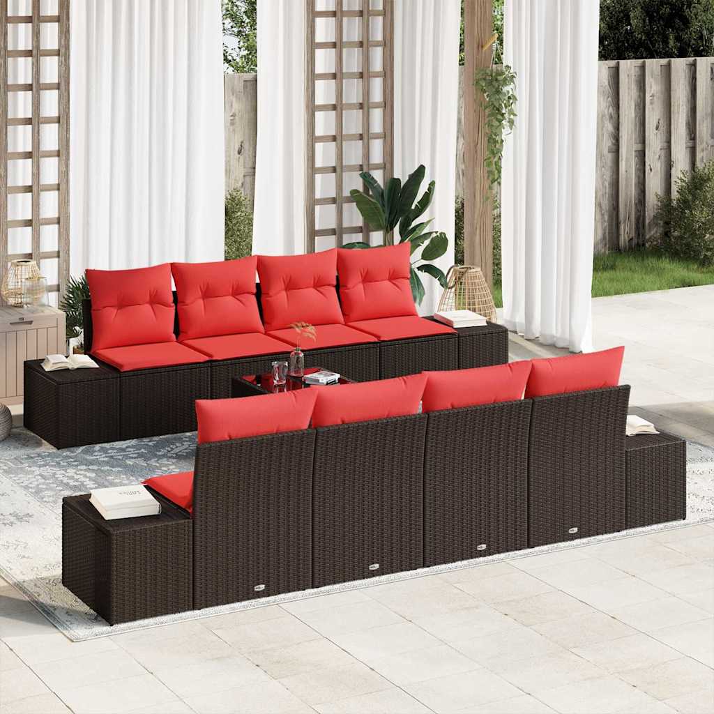 Garten-Sofa-Set 9 stk. Beige und Rot Poly-Rattan