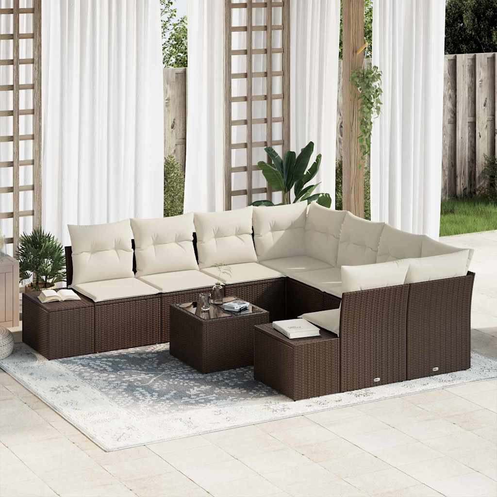 Garten-Sofa-Set 9 stk. Braun und Creme Poly-Rattan