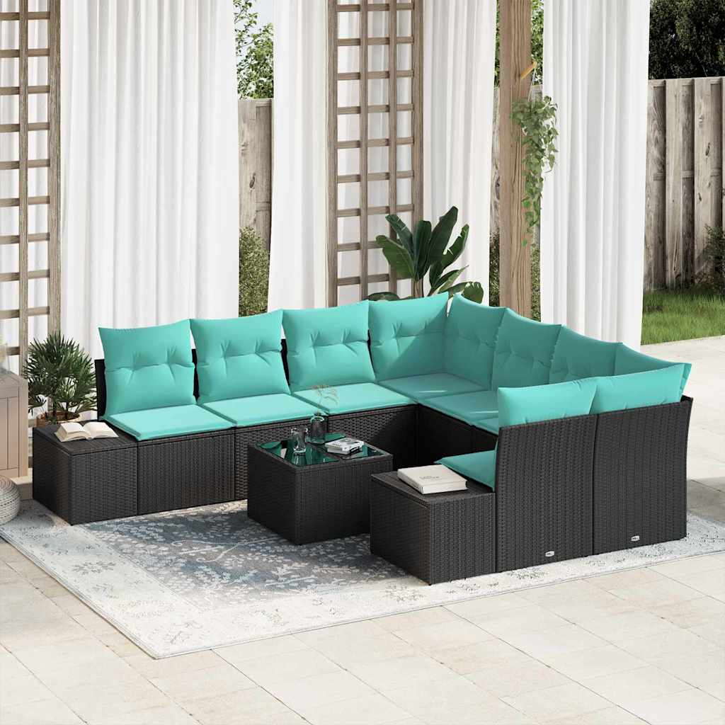 Garten-Sofa-Set 9 stk. Schwarz und Türkis Poly-Rattan