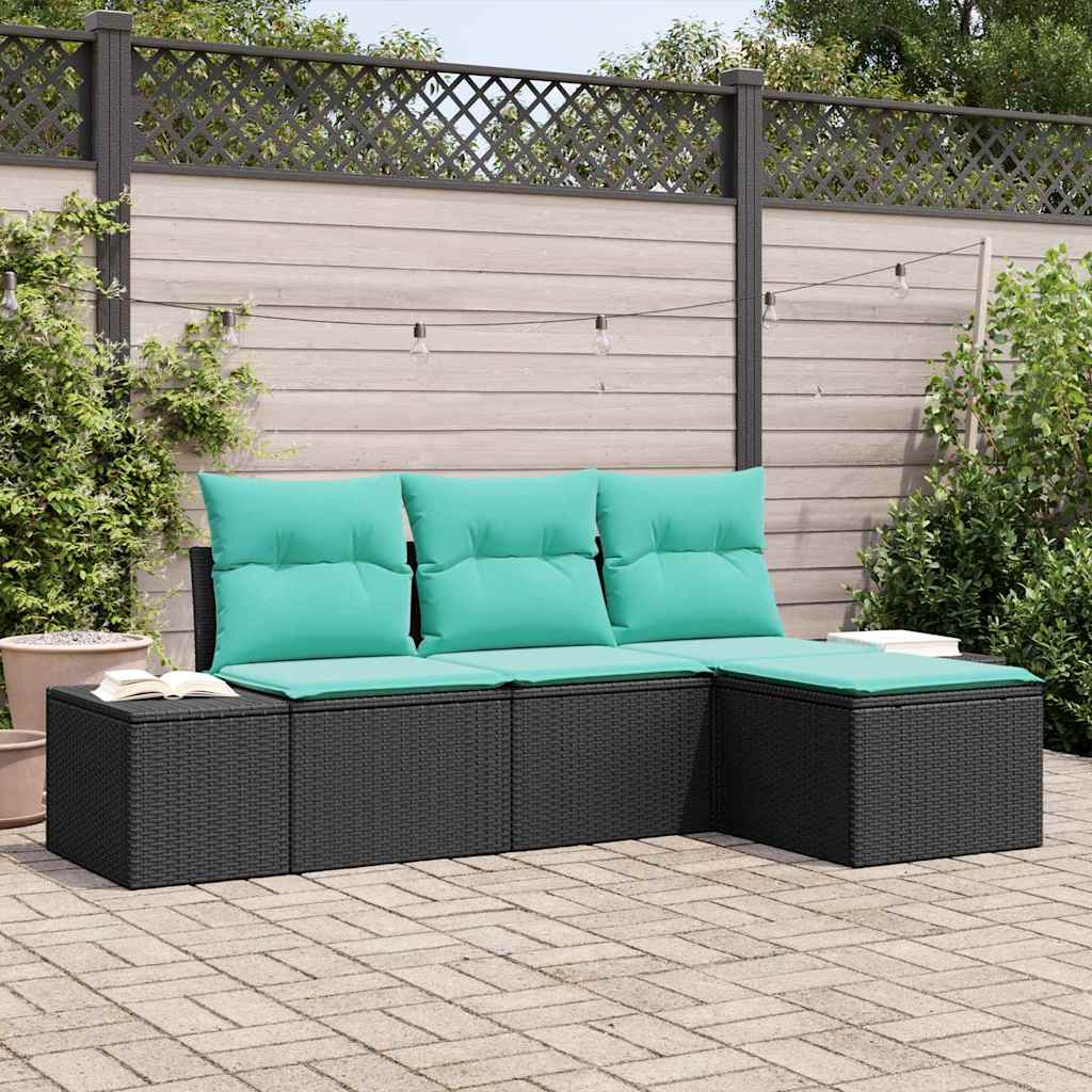 Garten-Sofa-Set 4 stk. Schwarz und Türkis Poly-Rattan
