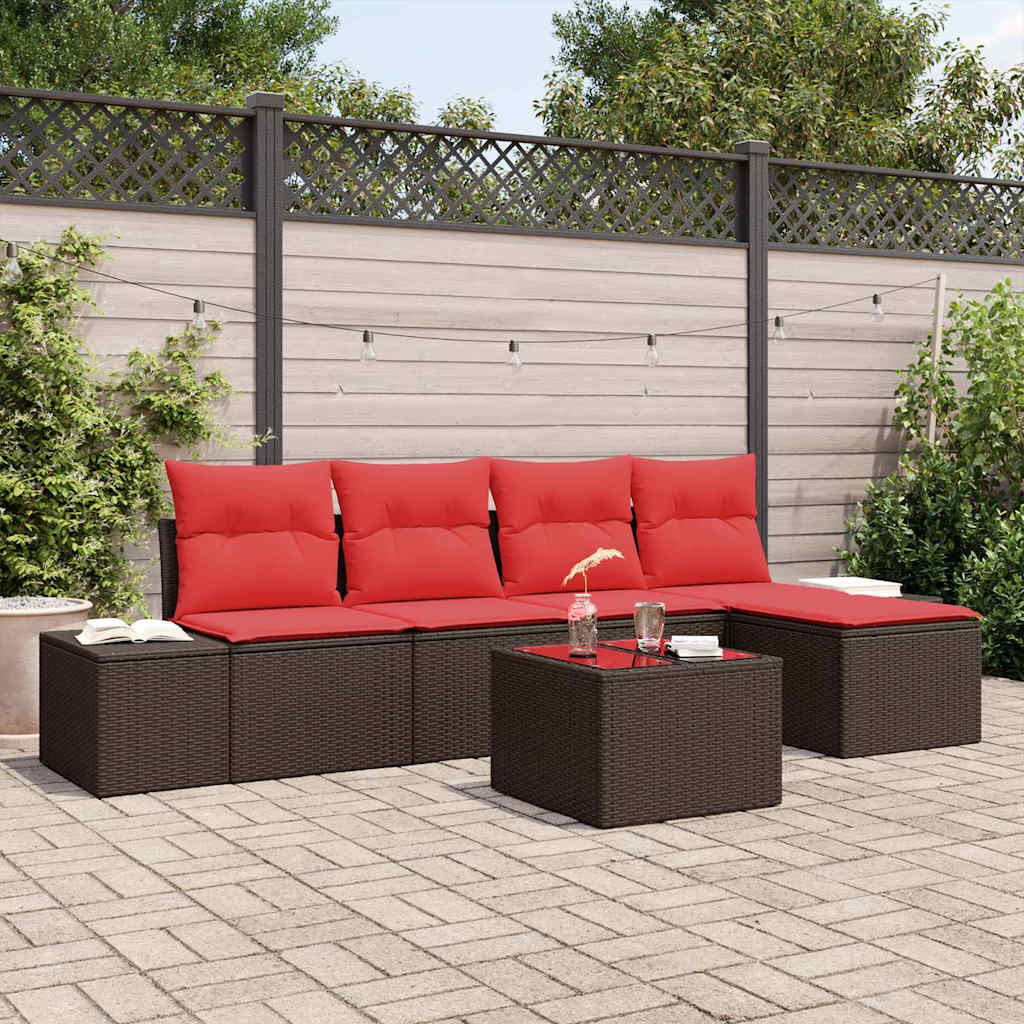 Garten-Sofa-Set 5 stk. Braun und Rot Poly-Rattan