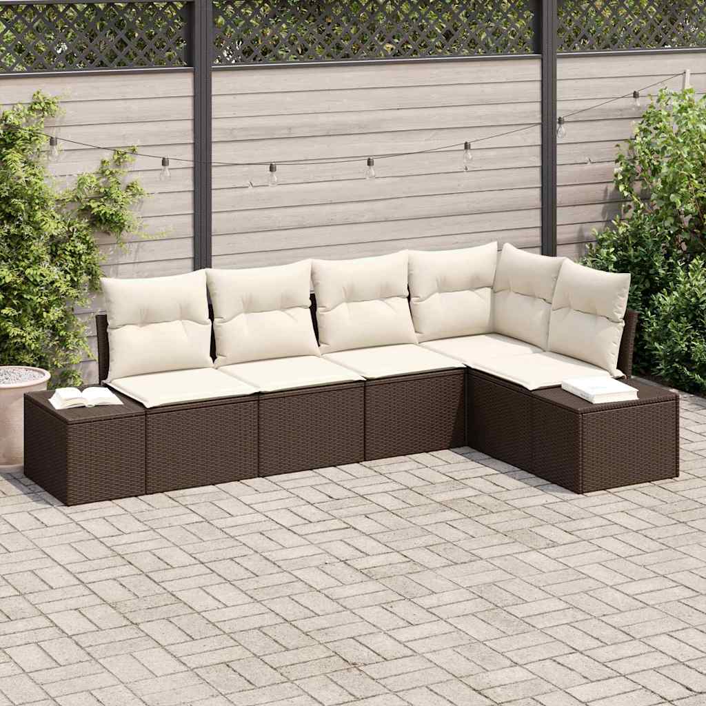 Gartensofa-set 5 stk. Braun und Creme Poly-Rattan