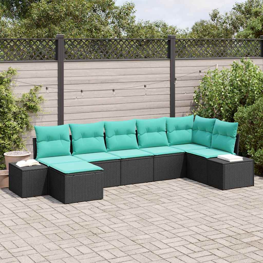 Garten-Sofa-Set 7 stk. Schwarz und Türkis Poly-Rattan