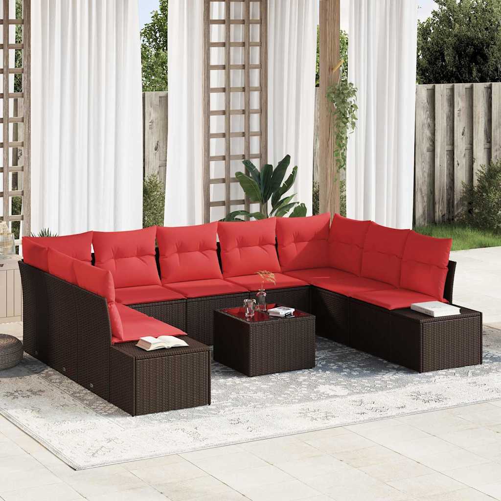 Gartensofa-set 9 stk. 8-Sitzanzahl Braun und Rot Polyrattan