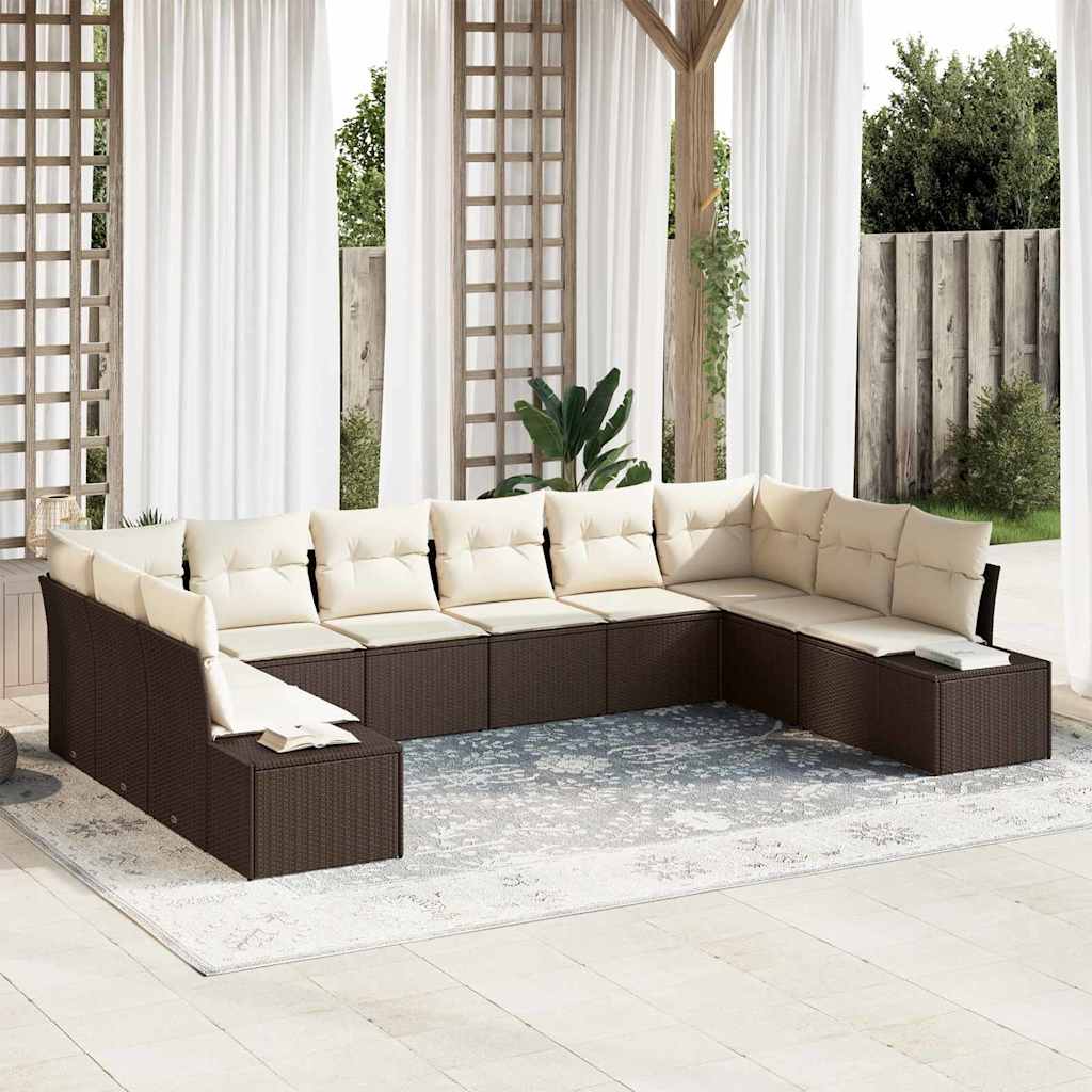 Gartensofa-set 10 Stk. 9-Sitzanzahl Braun und Creme Polyrattan