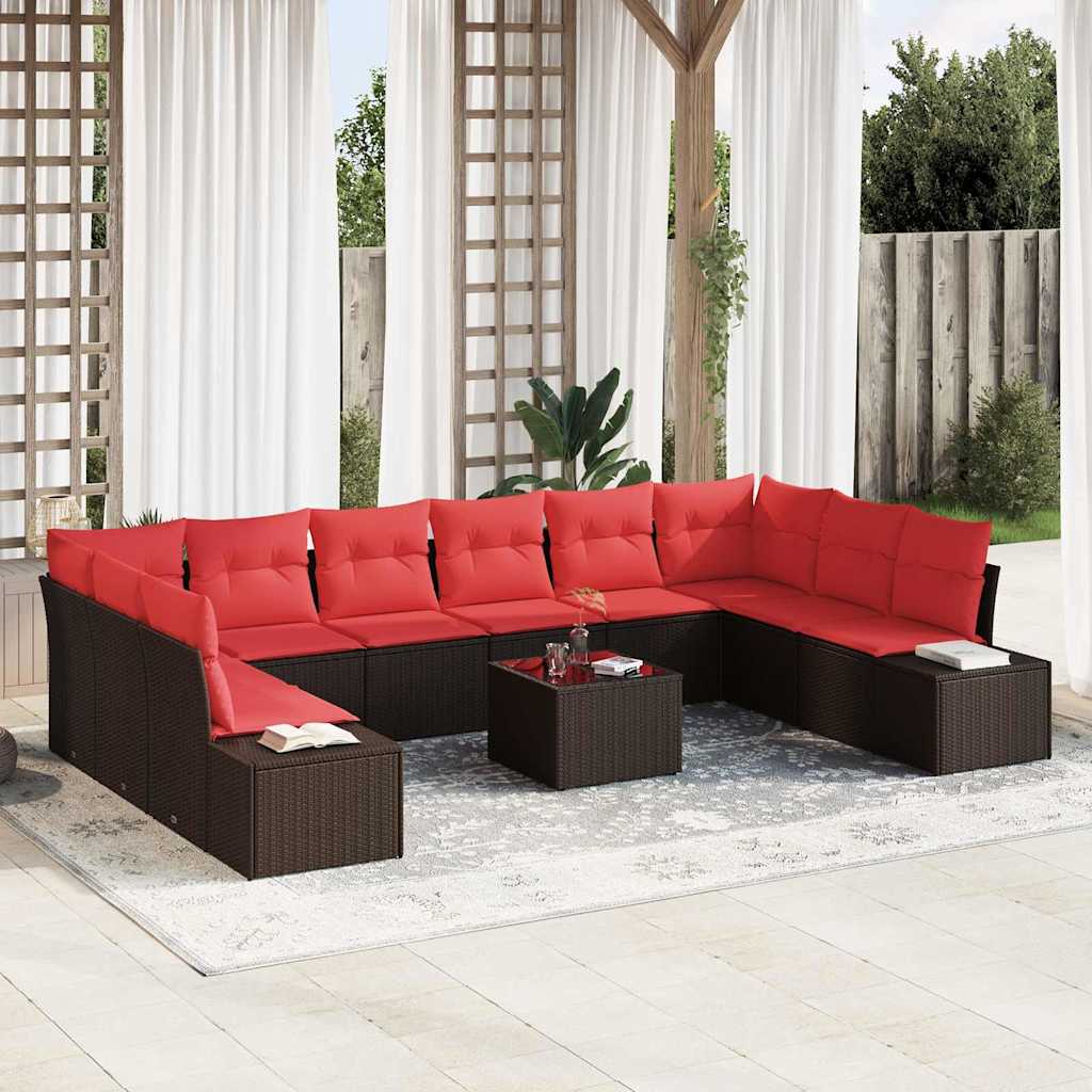 Gartensofa-set 10 stk. 9-Sitzanzahl Braun und Rot Polyrattan
