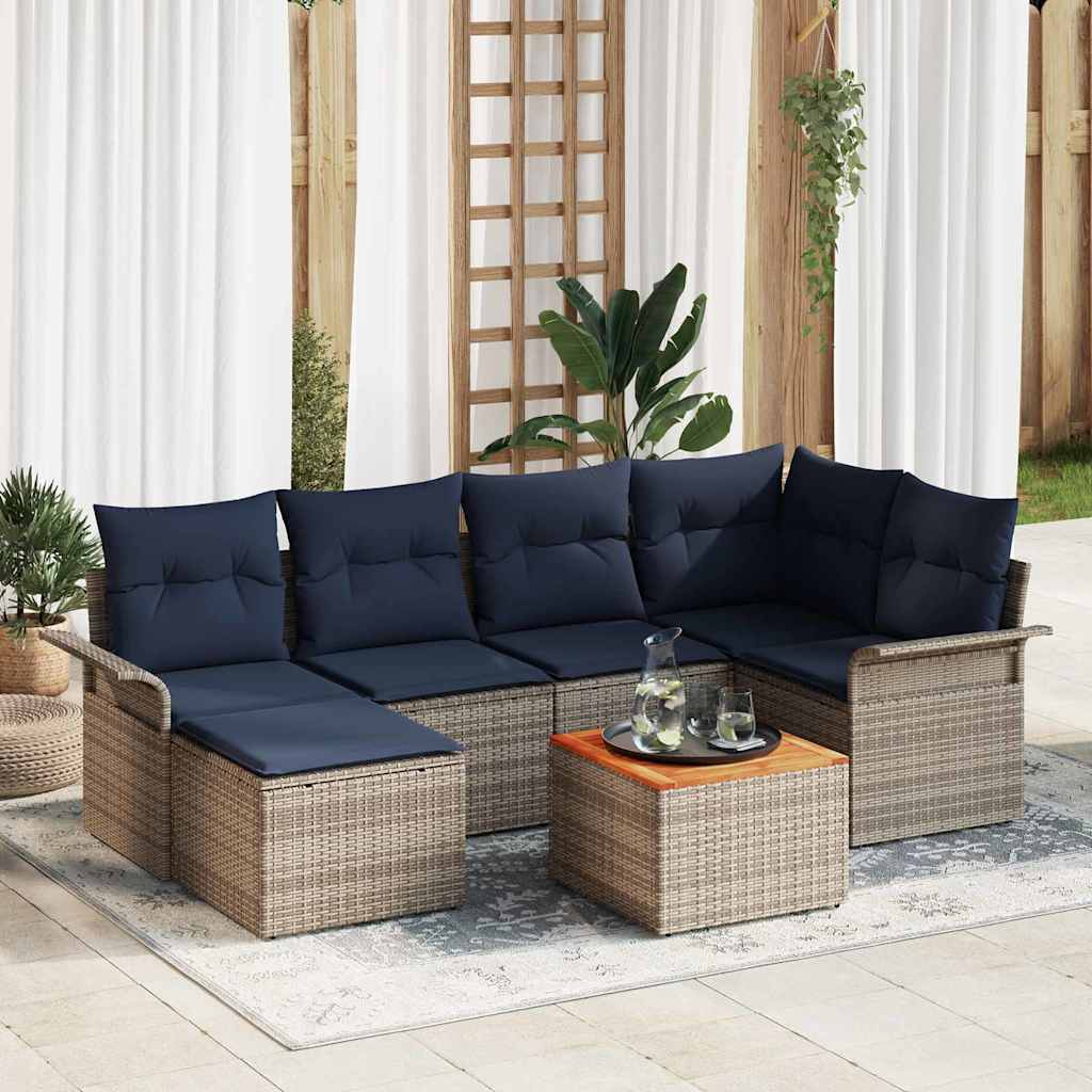 Gartensofa-set 7 stk. Grau und Marineblau Poly-Rattan