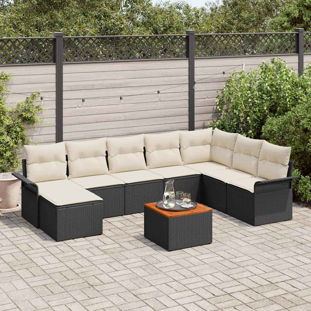 Gartensofa-set 9 stk. Schwarz und Creme Poly-Rattan