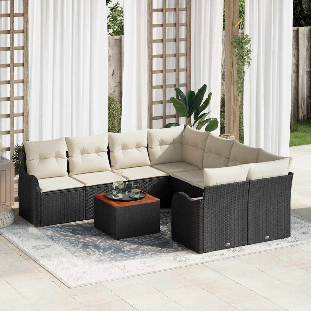 Gartensofa-set 9 stk. Schwarz und Creme Poly-Rattan