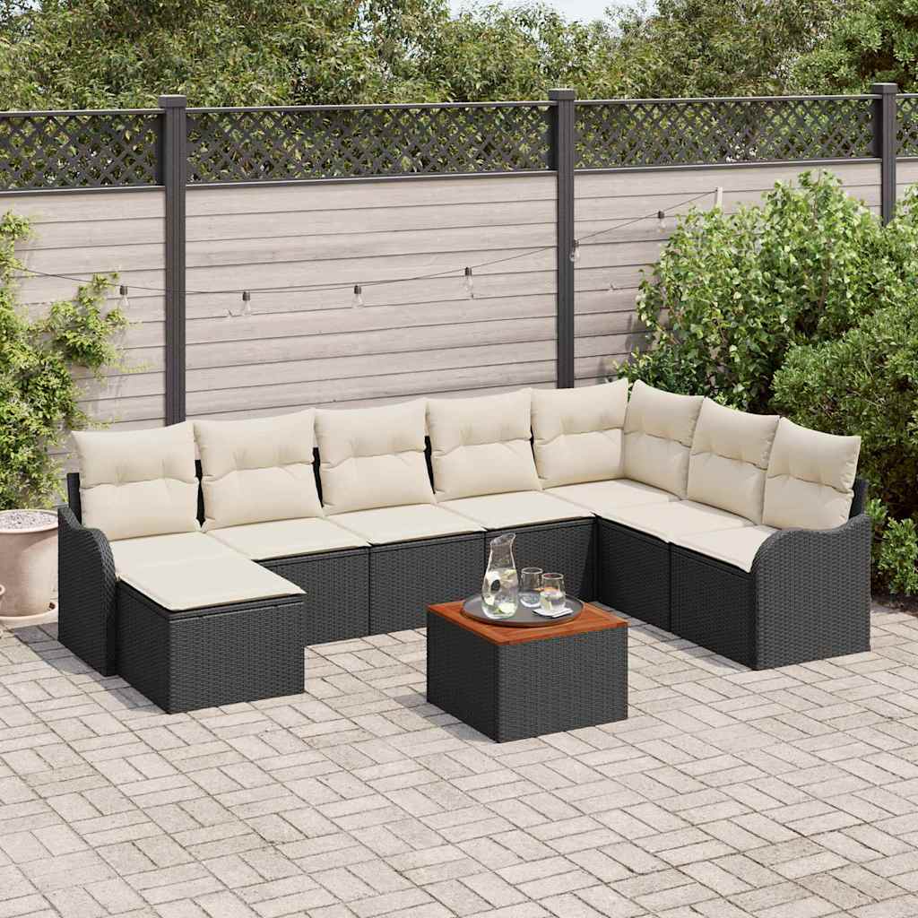 Gartensofa-set 9 stk. Schwarz und Creme Poly-Rattan