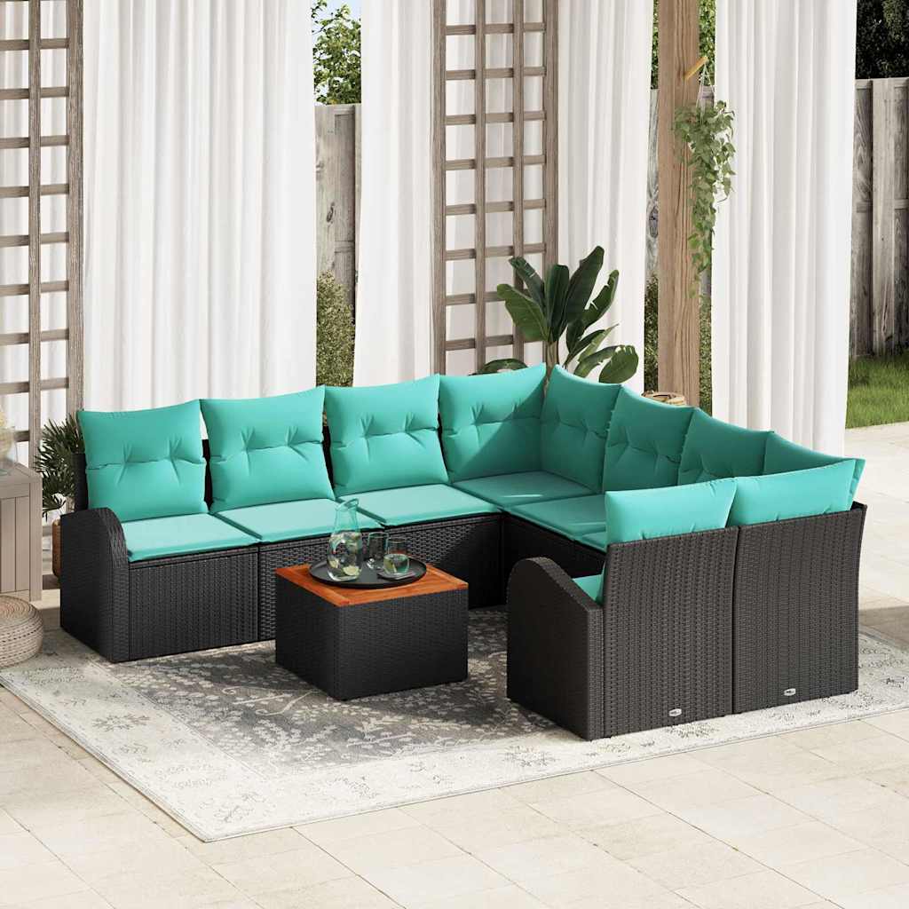 Gartensofa-set 9 stk. Schwarz und Türkis Poly-Rattan