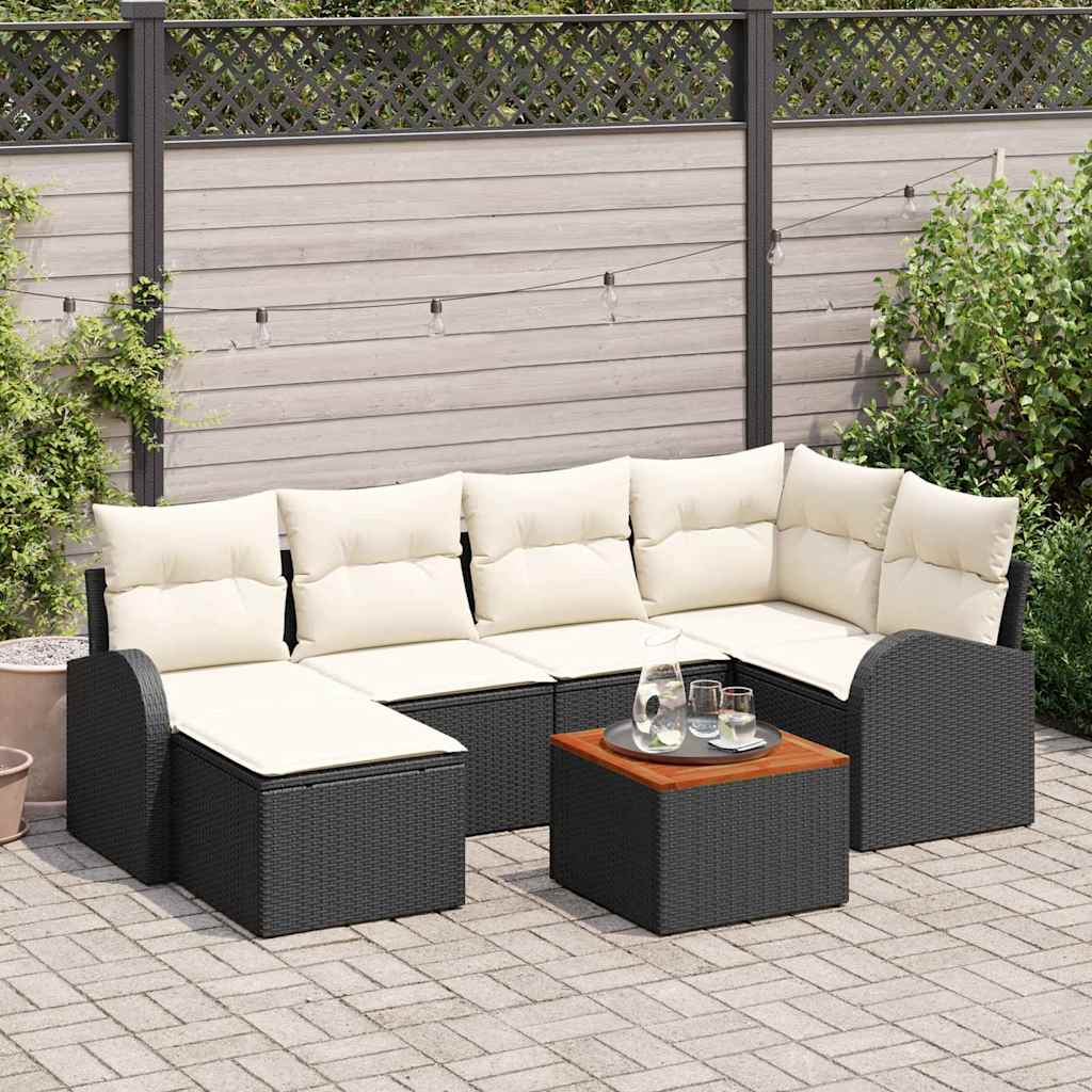 Gartensofa-set 7 stk. Schwarz und Creme Poly-Rattan