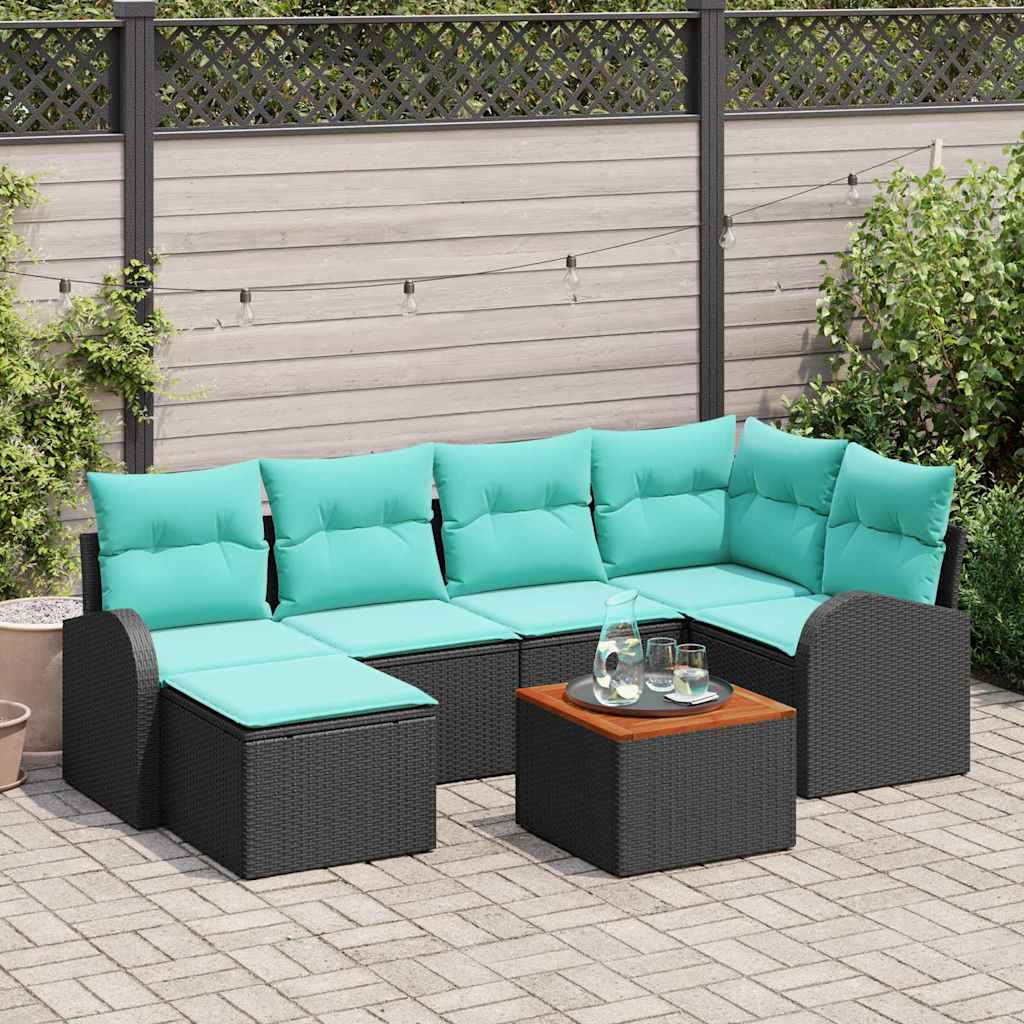 Gartensofa-set 7 stk. Schwarz und Türkis Poly-Rattan