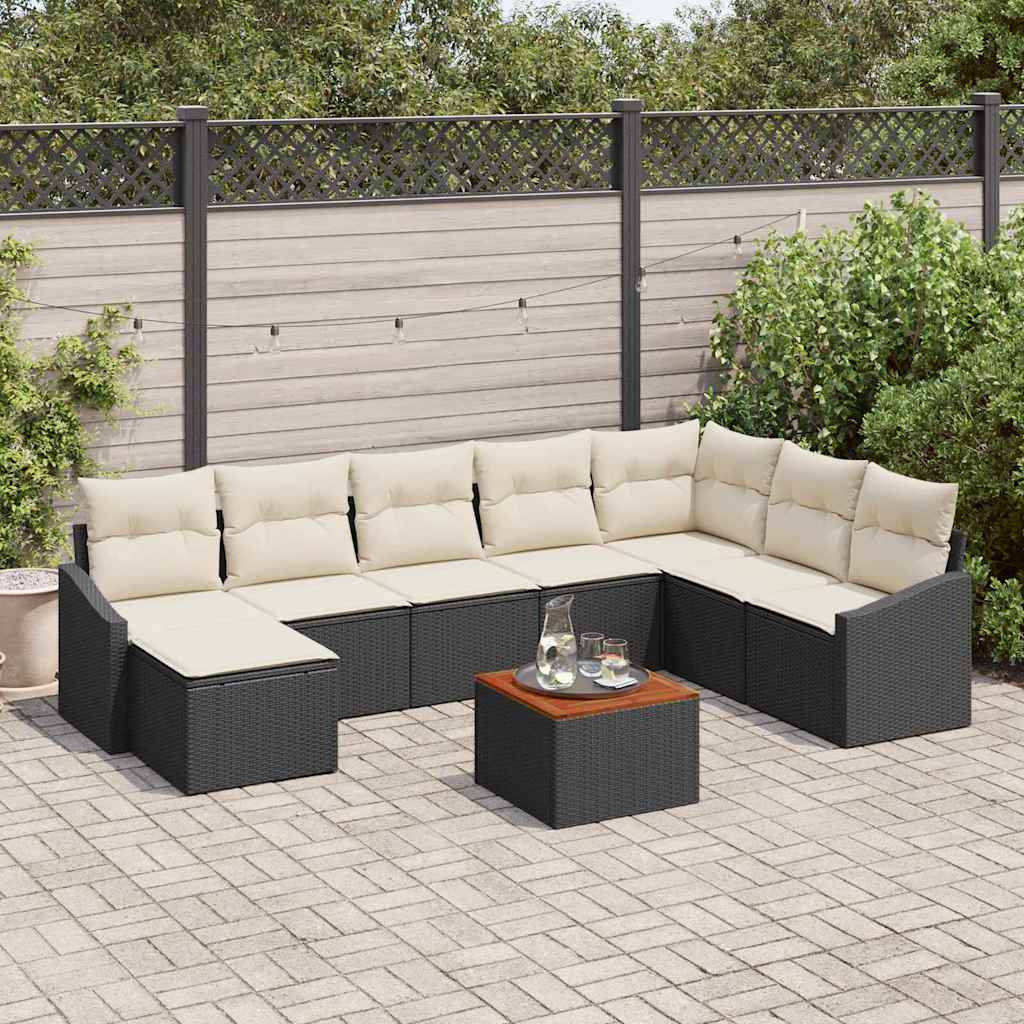 Gartensofa-set 9 stk. Schwarz und Creme Poly-Rattan