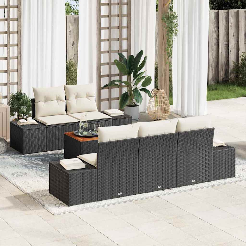 Gartensofa-set 6 stk. Schwarz und Creme Poly-Rattan