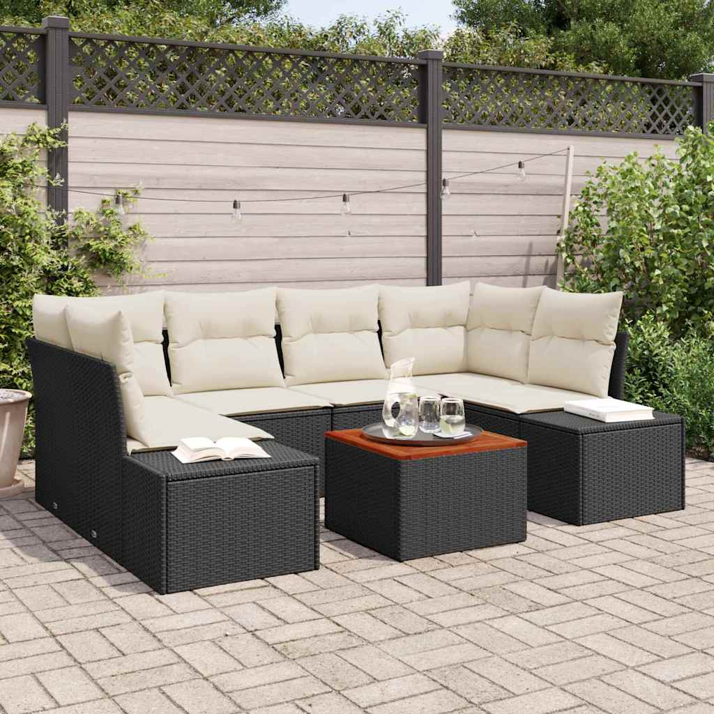 Gartensofa-set 7 stk. Schwarz und Creme Poly-Rattan