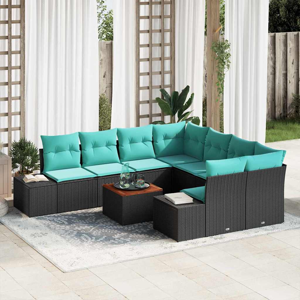 Gartensofa-set 9 stk. Schwarz und Türkis Poly-Rattan