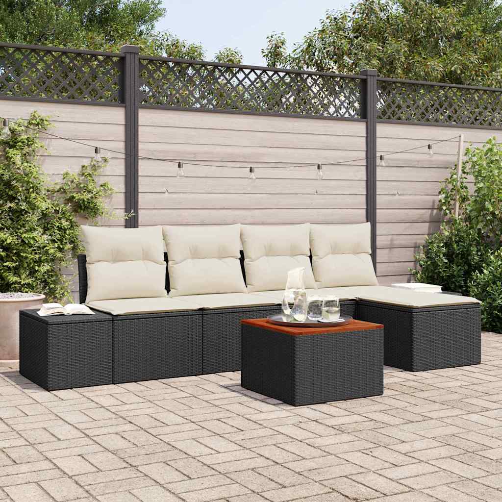 Gartensofa-set 6 stk. Schwarz und Creme Poly-Rattan