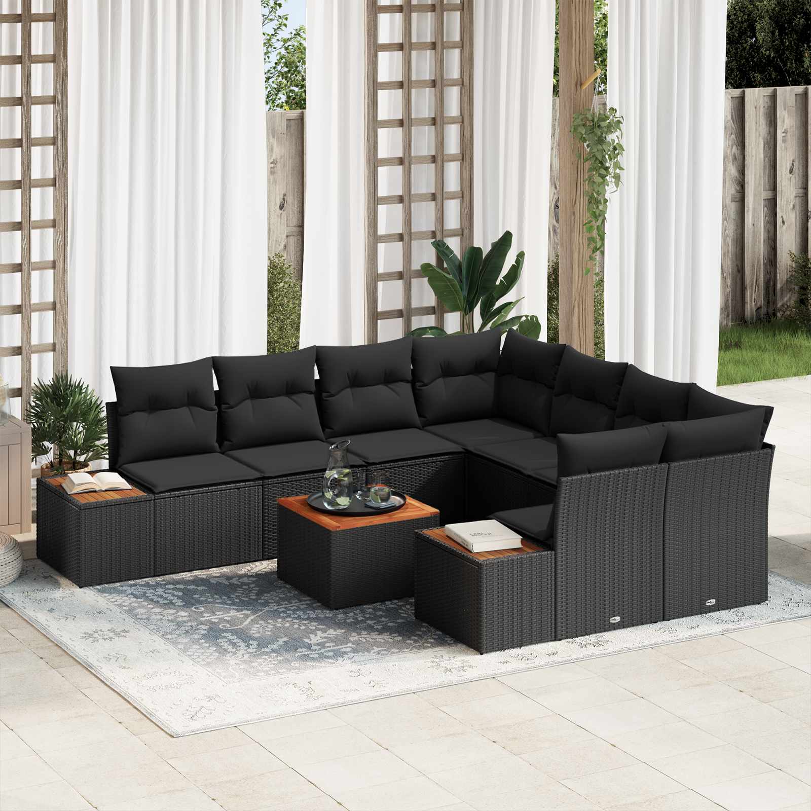 Garten-Sofa-Set 9 stk. Schwarz Poly Rattan