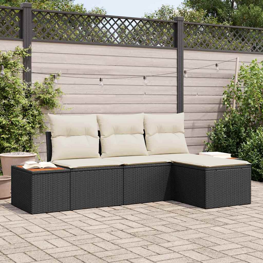 Gartensofa-set 4 Stk. Schwarz und Creme Poly Rattan