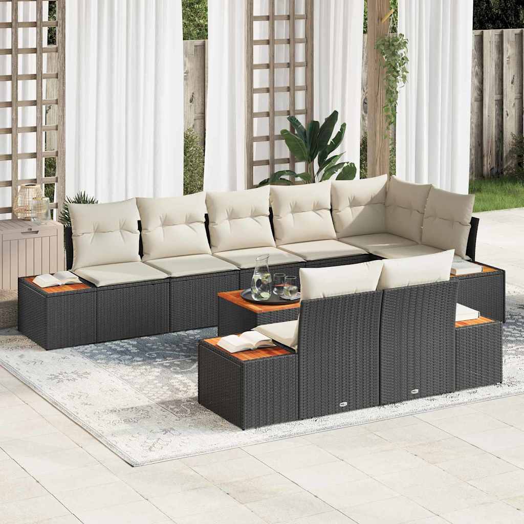 Gartensofa-set 8 Stk. 8-Sitzanzahl Schwarz und Creme Polyrattan