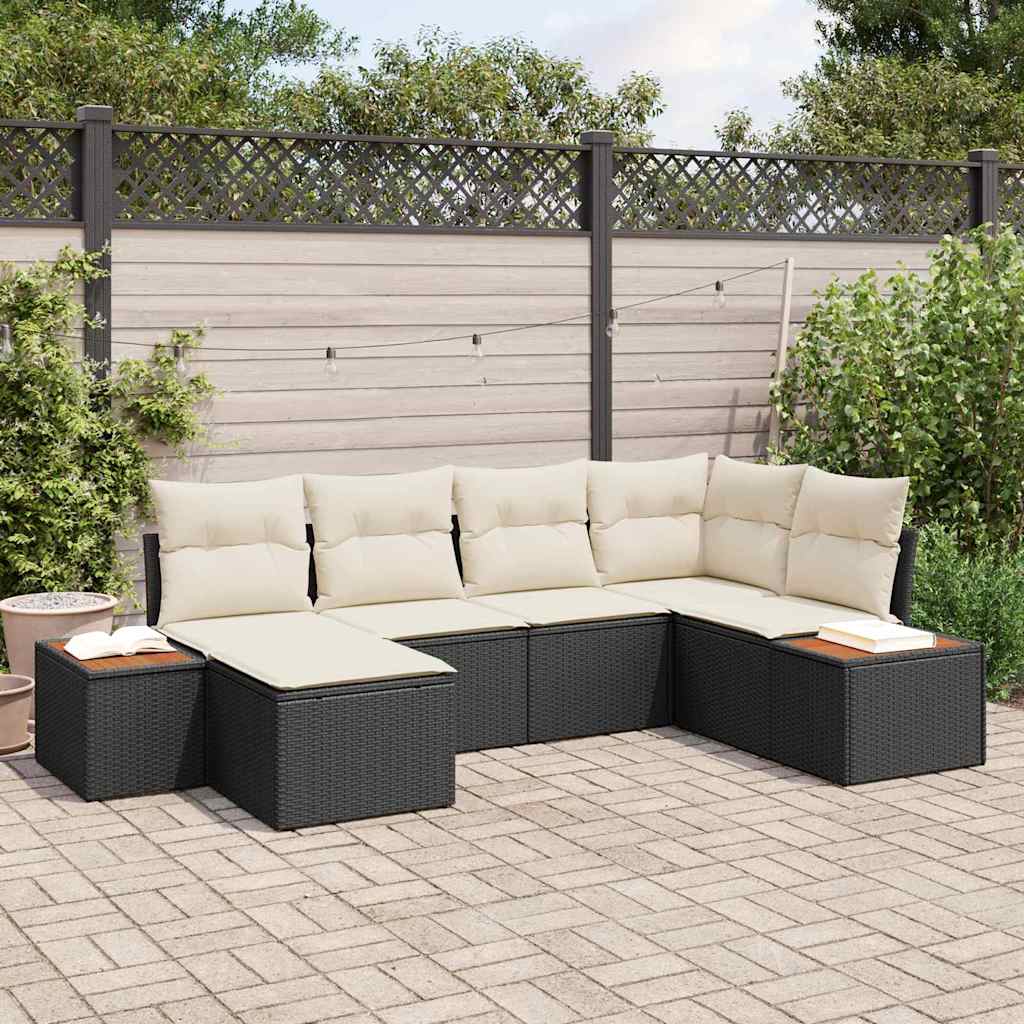 Gartensofa-set 7 Stk. 6-Sitzanzahl Schwarz und Creme Polyrattan
