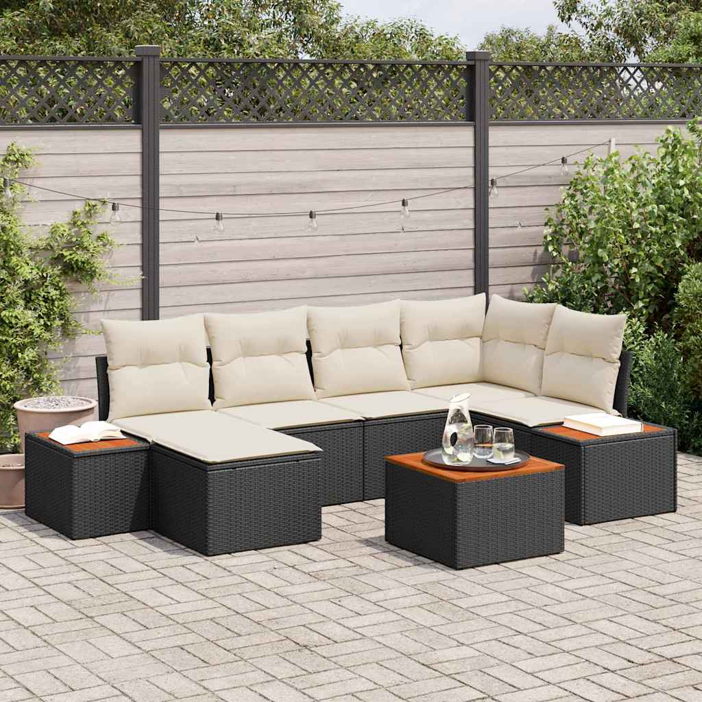 Gartensofa-set 7 Stk. 6-Sitzanzahl Schwarz und Creme Polyrattan