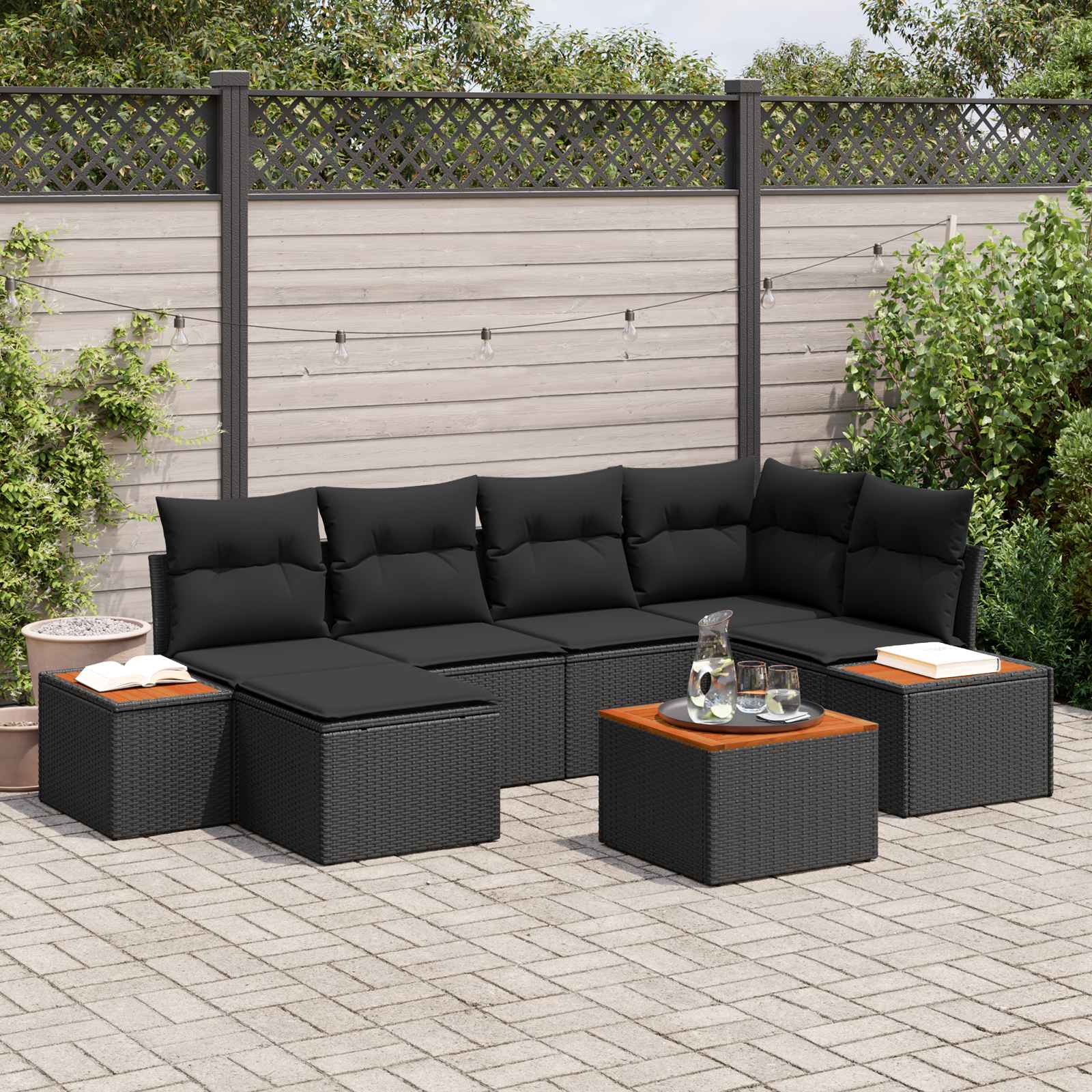 Gartensofa-set 7 Stk. 6-Sitzanzahl Schwarz Polyrattan
