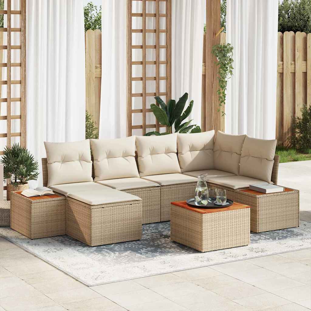 Gartensofa-set 7 Stk. 6-Sitzanzahl Beige und Creme Polyrattan