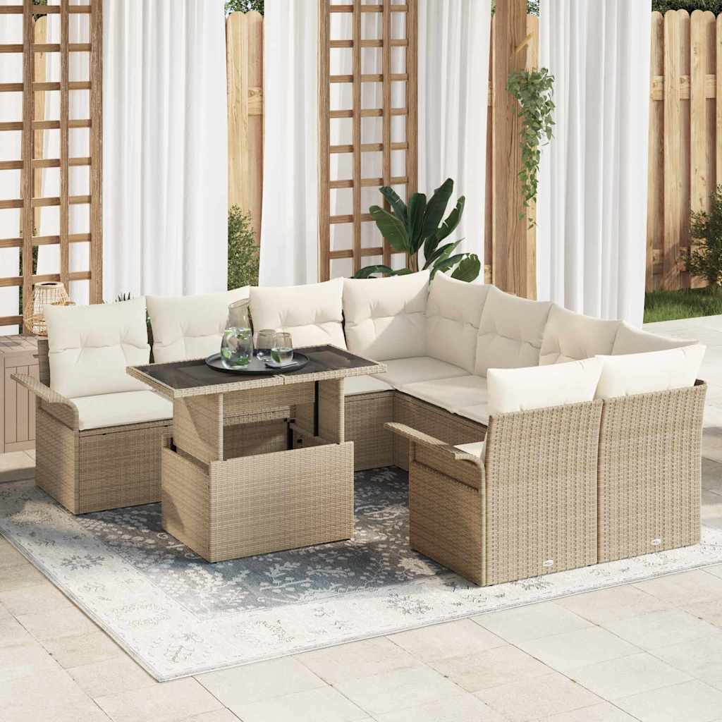 Gartensofa-set 9 stk. Beige [Synthetisch]: Poly Rattan