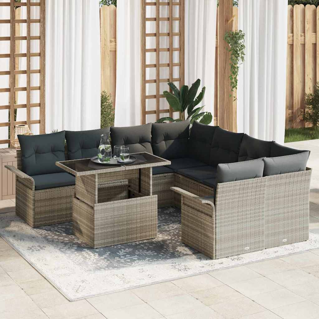 Gartensofa-set 9 stk. Hellgrau [Synthetisch]: Poly Rattan
