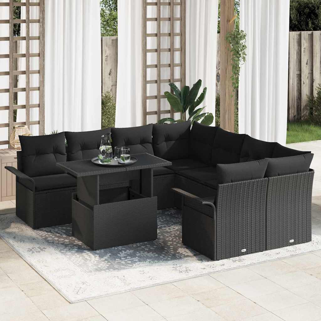 Gartensofa-set 9 stk. Schwarz [Synthetisch]: Poly Rattan