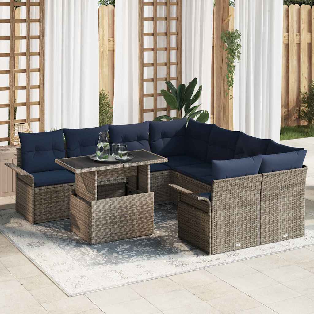 Gartensofa-set 9 stk. Grau [Synthetisch]: Poly Rattan